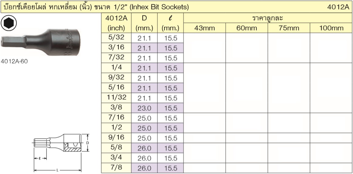 KOKEN 4012A-43-5/16 บ๊อกเดือยโผล่ดำ 6P-1/2นิ้ว-43-5/16นิ้ว
