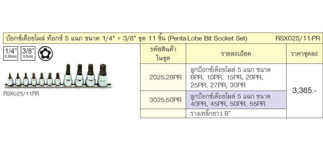 KOKEN RSX025/11PR ชุดบ๊อกเดือยโผล่ท๊อก 5แฉก 1/4นิ้ว+3/8นิ้ว ชุด 11 ชิ้น
