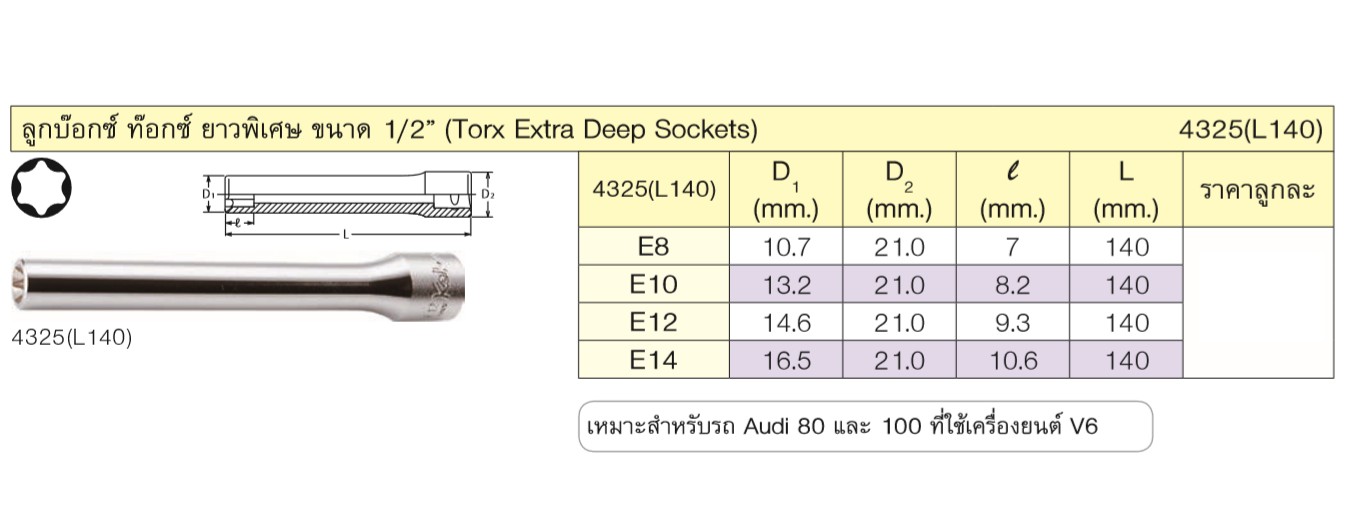 KOKEN 4325(L140)-E8 ลูกบ๊อกท๊อก ยาวพิเศษ 1/2นิ้ว-E8