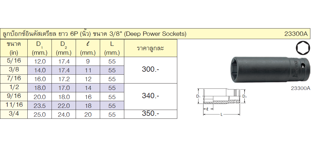 KOKEN 23300A-1/2 ลูกบ๊อกอินดัสเตรียล ยาว 3/8นิ้ว-6P-1/2นิ้ว