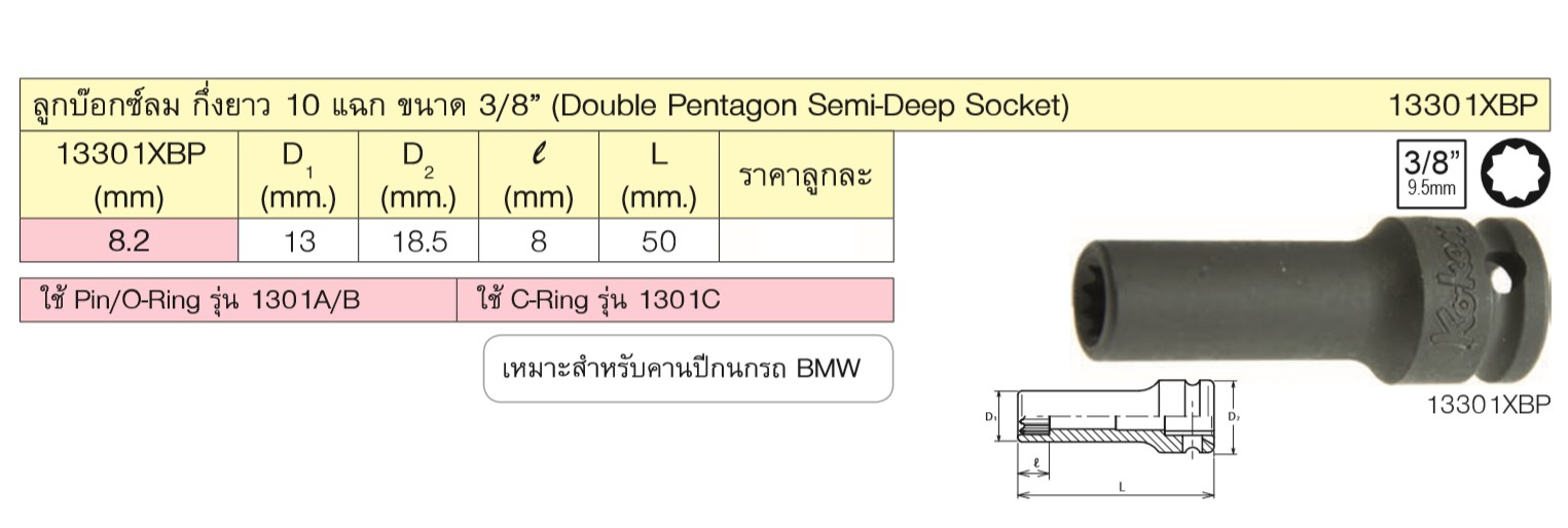 KOKEN 13301XBP-8.2 ลูกบ๊อกลมกึ่งยาว 10 แฉก 3/8นิ้ว-8.2mm สำหรับถอดล้อ