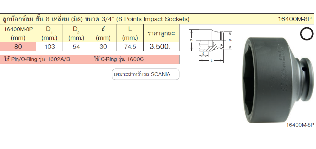 KOKEN 16400M-8P-80 ลูกบ๊อกลมสั้น 3/4นิ้ว-8P-80mm.