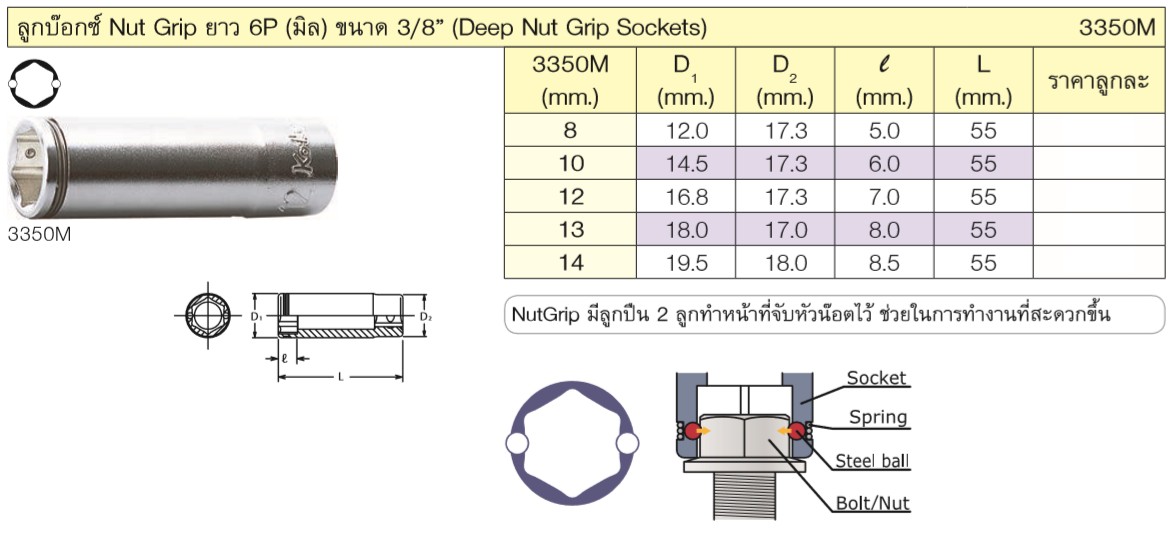 KOKEN 3350M-13 ลูกบ๊อกยาว NUT GRIP 6P-3/8นิ้ว-13mm