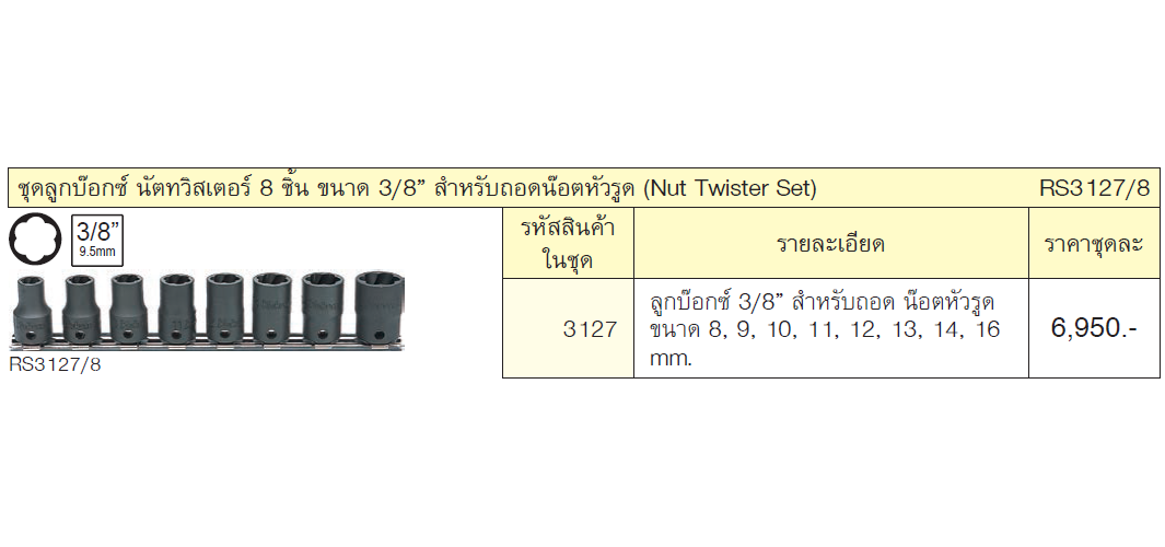 KOKEN RS3127/8 ชุดลูกบ๊อกนัตทวิสเตอร์ 8 ชิ้น 3/8นิ้ว ถอดน๊อตหัวรูด (สำหรับถอดน๊อตหัวรูด)
