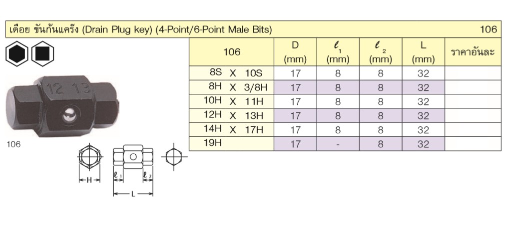 KOKEN 106-12Hx13H เดือยขันก้นแคร๊ง 2หัว 12Hx13H