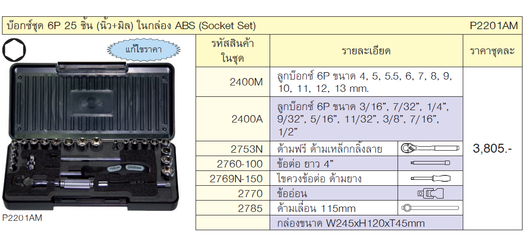 KOKEN P2201AM บ๊อกชุด 1/4นิ้ว-6P-25 ชิ้น (นิ้ว+มิล) ในกล่องABS
