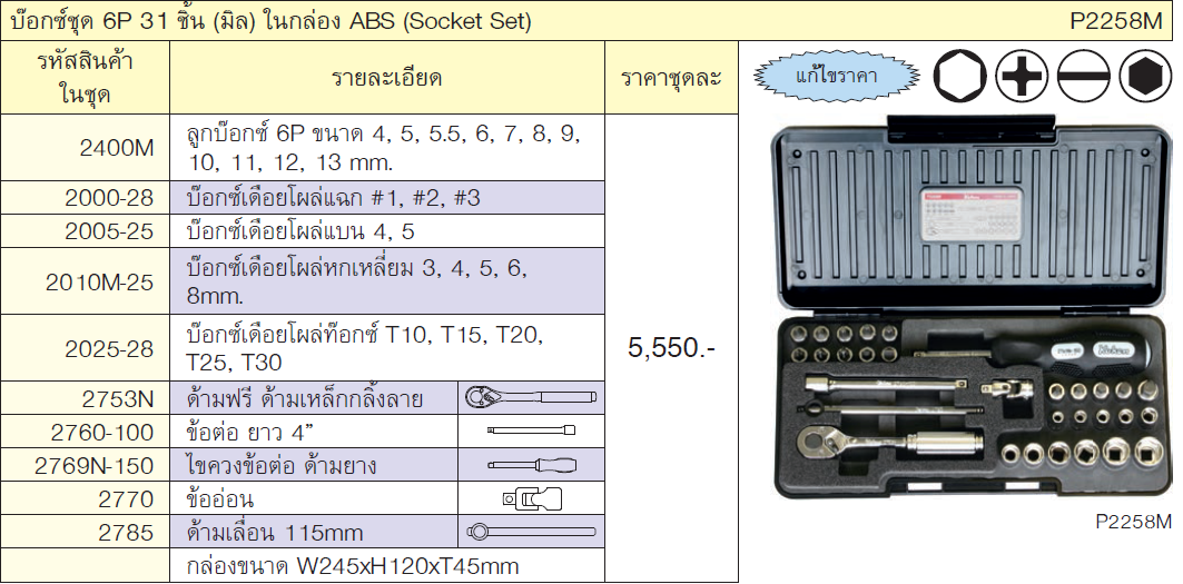 KOKEN P2258M บ๊อกชุด 1/4นิ้ว-6P-31 ชิ้น (มิล) ในกล่องABS