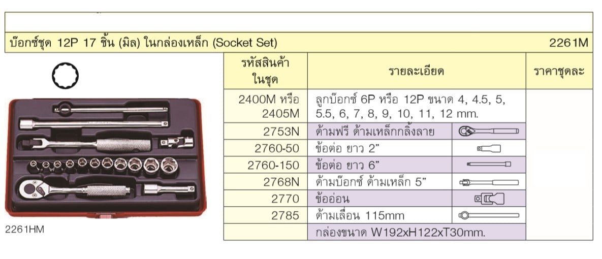 KOKEN 2261M บ๊อกชุด 1/4นิ้ว-12P-17 ชิ้น (มิล) ในกล่องเหล็ก