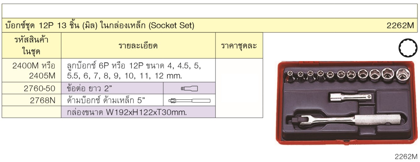 KOKEN 2262M บ๊อกชุด 1/4นิ้ว-12P-13 ชิ้น (มิล) ในกล่องเหล็ก