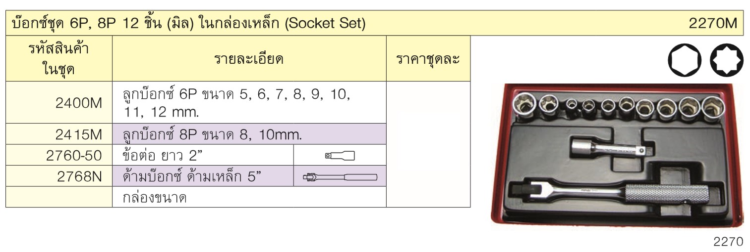 KOKEN 2270M บ๊อกชุด 1/4นิ้ว-6P,8P-12 ชิ้น (มิล) ในกล่องเหล็ก