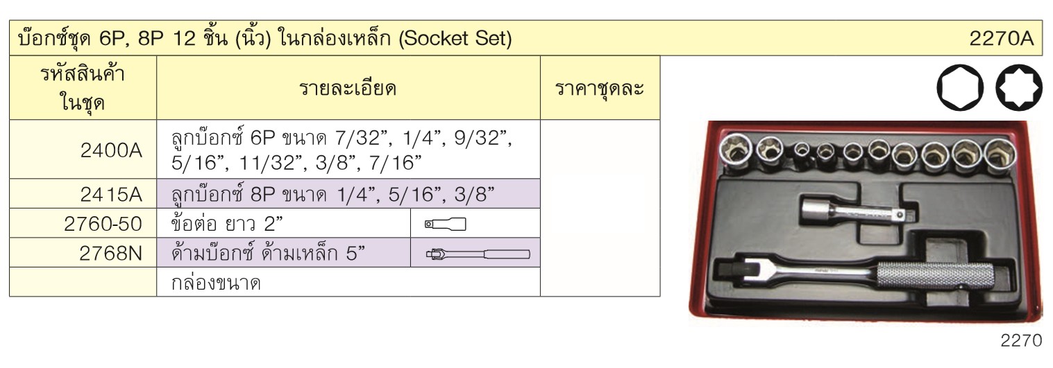 KOKEN 2270A บ๊อกชุด 1/4นิ้ว-6P,8P-12 ชิ้น (นิ้ว) ในกล่องเหล็ก
