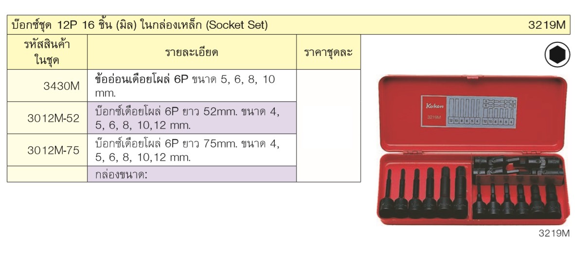KOKEN 3219M บ๊อกชุด 3/8นิ้ว-16 ชิ้น (มิล) ในกล่องเหล็ก