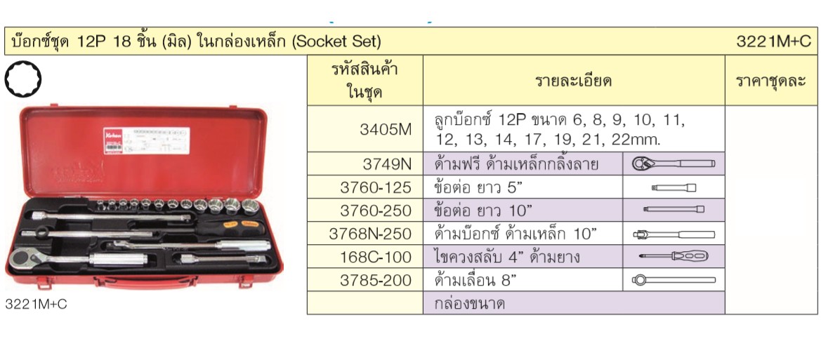 KOKEN 3221M+C บ๊อกชุด 3/8นิ้ว-12P-18 ชิ้น (มิล) ในกล่องเหล็ก