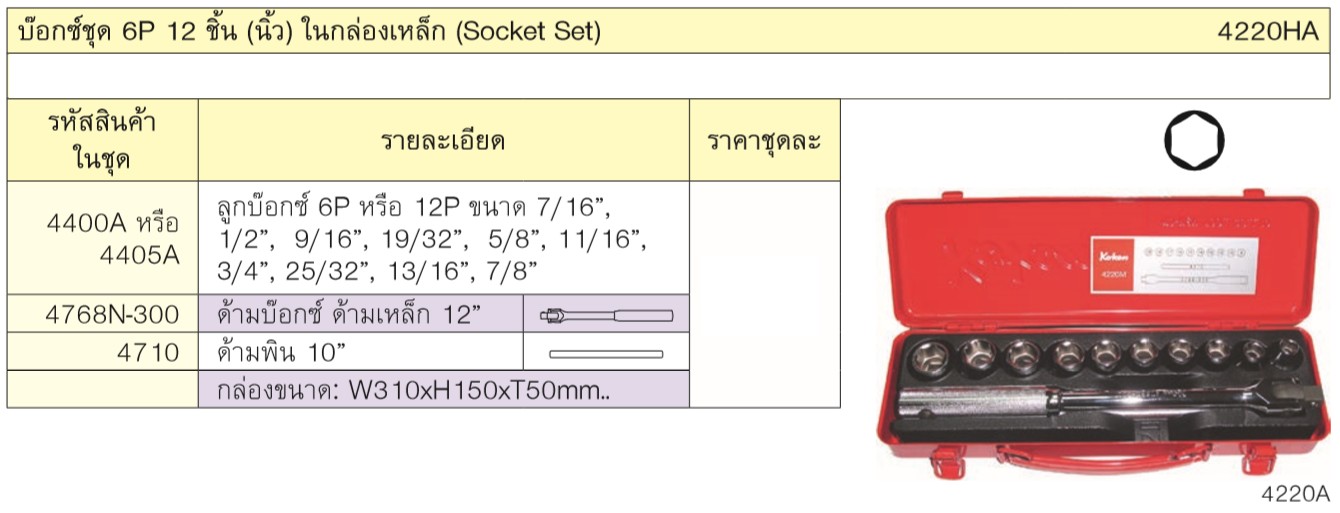 KOKEN 4220HA บ๊อกชุด 1/2นิ้ว-6p-12 ชิ้น (นิ้ว) ในกล่องเหล็ก