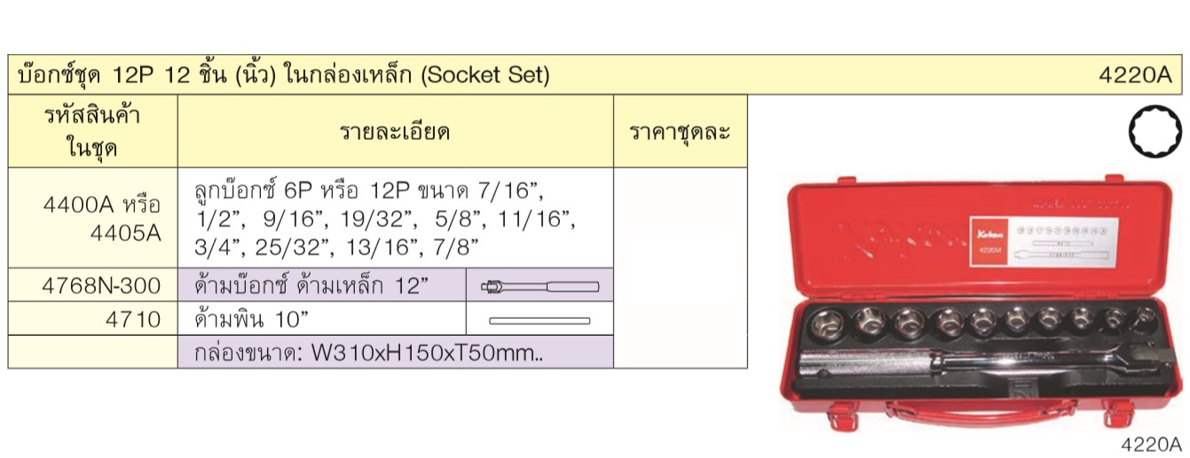 KOKEN 4220A บ๊อกชุด 1/2นิ้ว-12P-12 ชิ้น (นิ้ว) ในกล่องเหล็ก