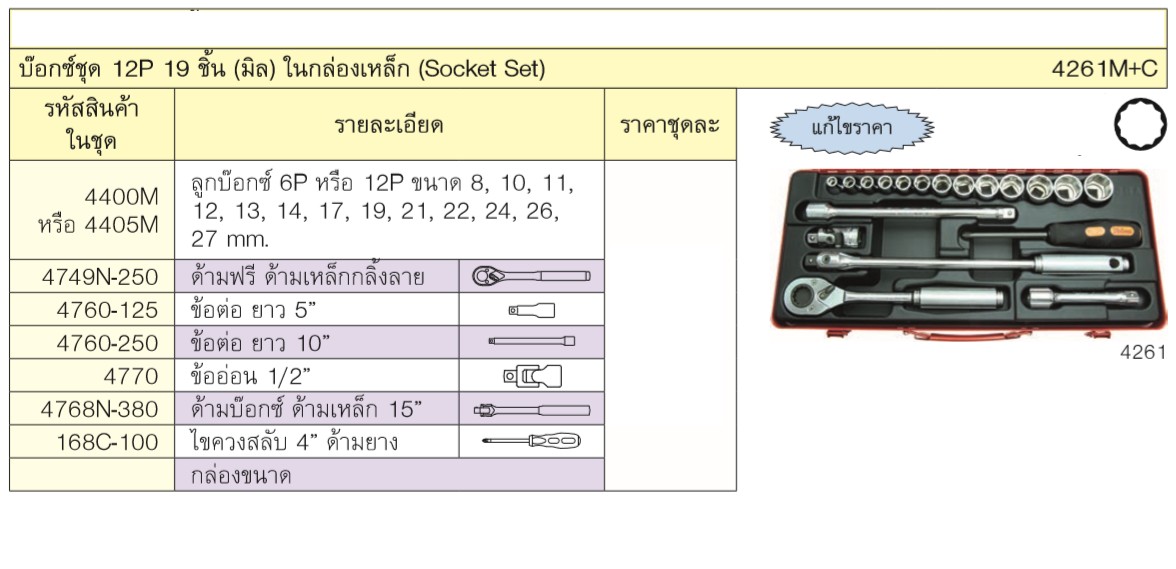 KOKEN 4261M+C บ๊อกชุด 1/2-12P-19 ชิ้น ในกล่องเหล็ก