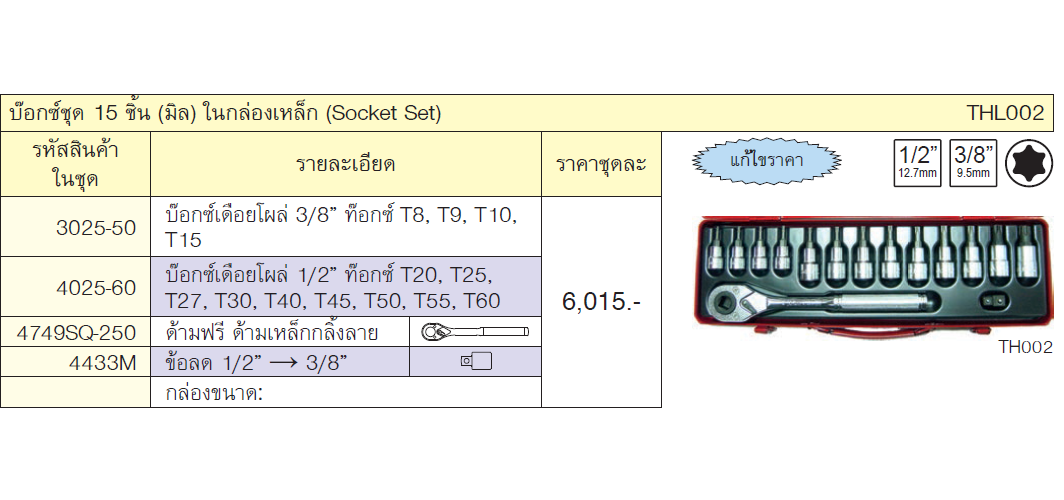 KOKEN THL002 บ๊อกชุด 15 ชิ้น ในกล่องเหล็ก