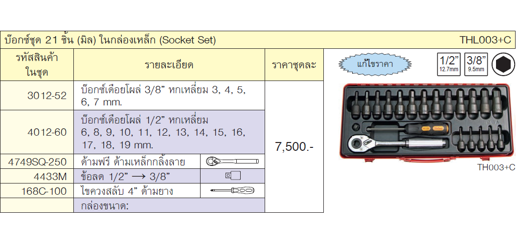 KOKEN THL003+C บ๊อกชุด 21 ชิ้น (มิล) ในกล่องเหล็ก