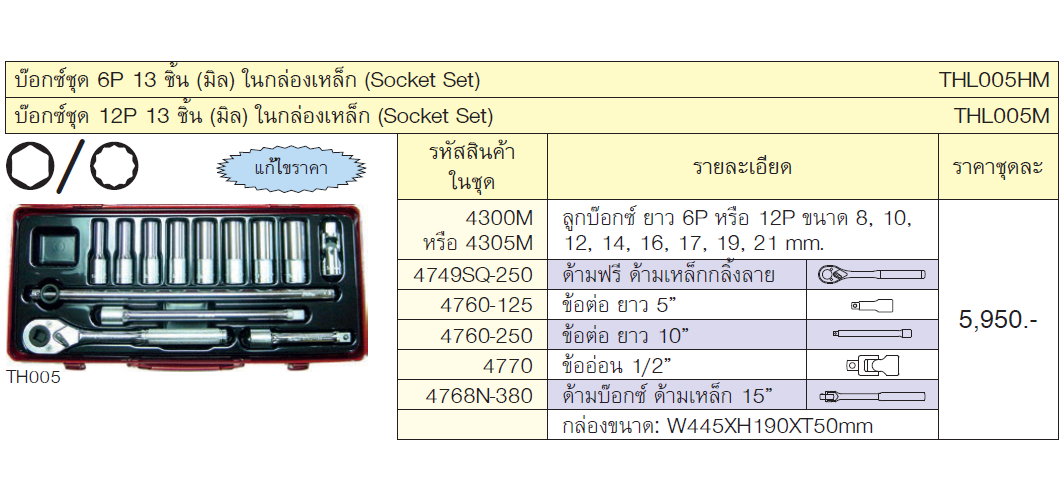 KOKEN THL005M บ๊อกชุด 1/2นิ้ว-12P-13 ชิ้น (มิล) ในกล่องเหล็ก