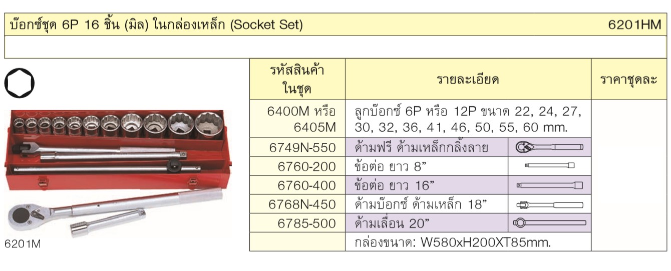 KOKEN 6201HM บ๊อกชุด 3/4 นิ้ว-6P-16 ชิ้น (มิล) ในกล่องเหล็ก