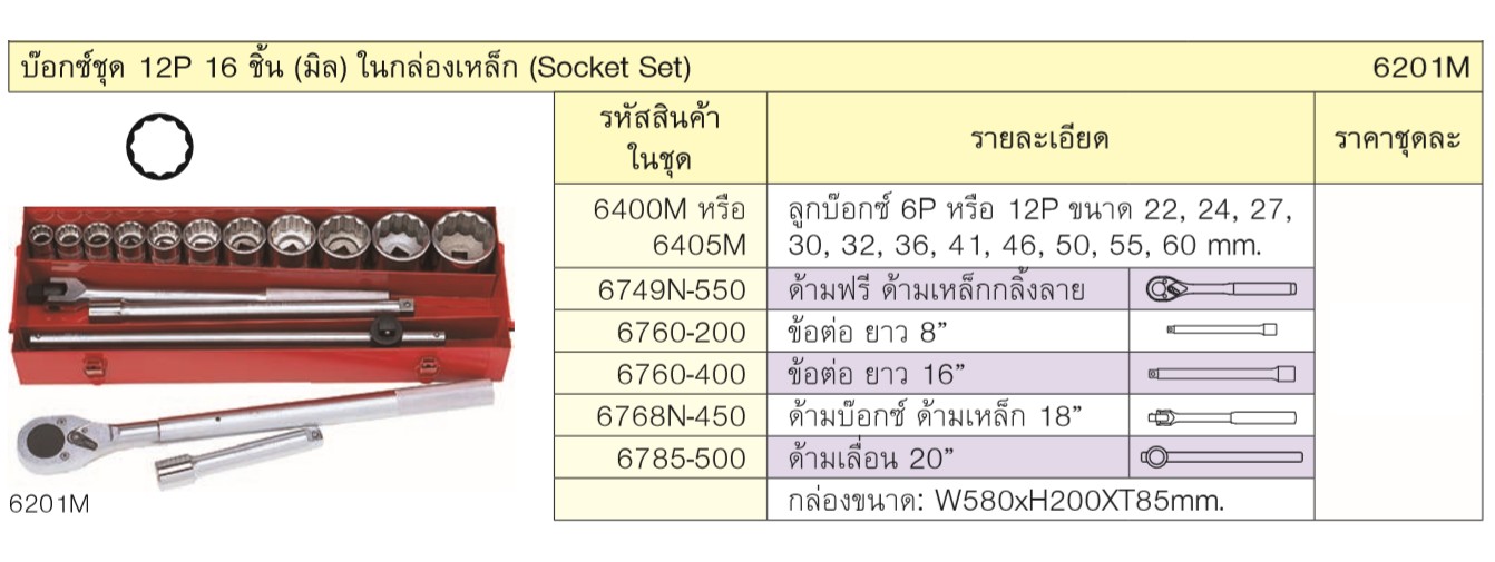 KOKEN 6201M บ๊อกชุด 3/4นิ้ว-12P-16 ขิ้น (มิล) ในกล่องเหล็ก