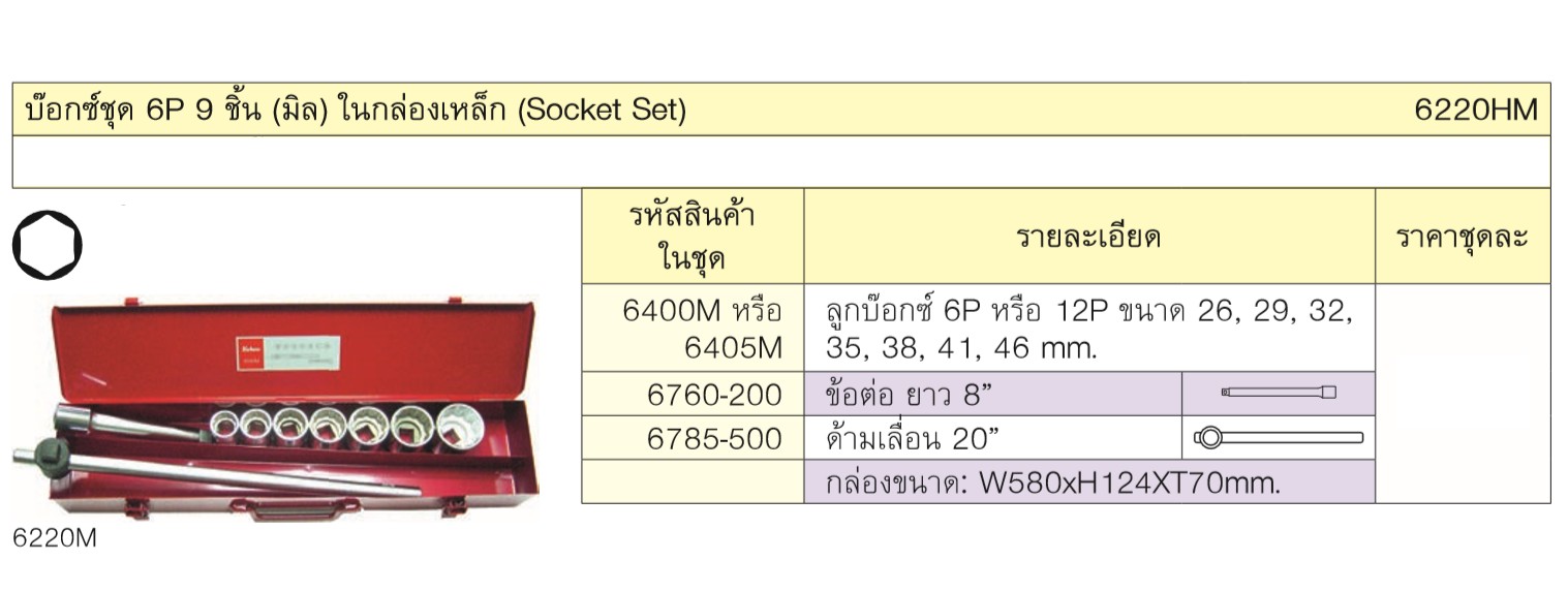 KOKEN 6220HM บ๊อกชุด 3/4นิ้ว-6P-9 ชิ้น (มิล) ในกล่องเหล็ก