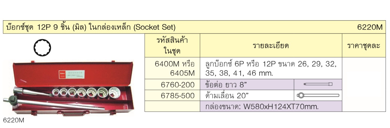 KOKEN 6220M บ๊อกชุด 3/4นิ้ว-12P-9 ชิ้น (มิล) ในกล่องเหล็ก
