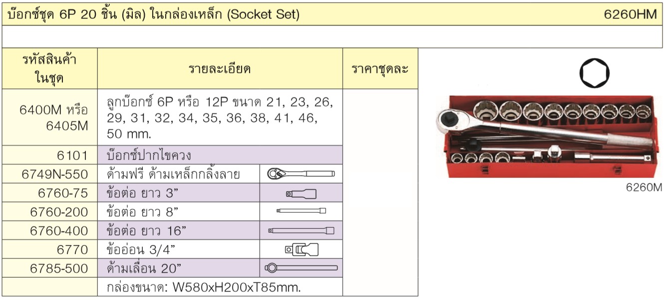 KOKEN 6260HM บ๊อกชุด 3/4นิ้ว-6P-20 ชิ้น (มิล) ในกล่องเหล็ก