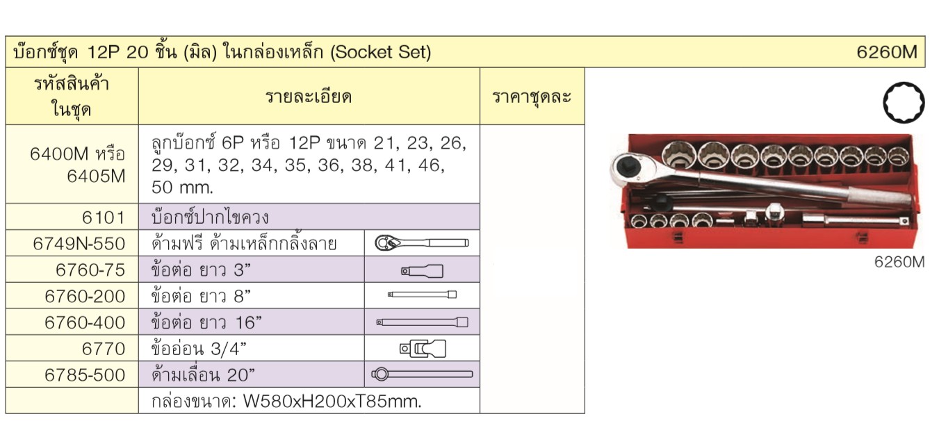 KOKEN 6260M บ๊อกชุด 3/4นิ้ว-12P-20 ชิ้น (มิล) ในกล่องเหล็ก