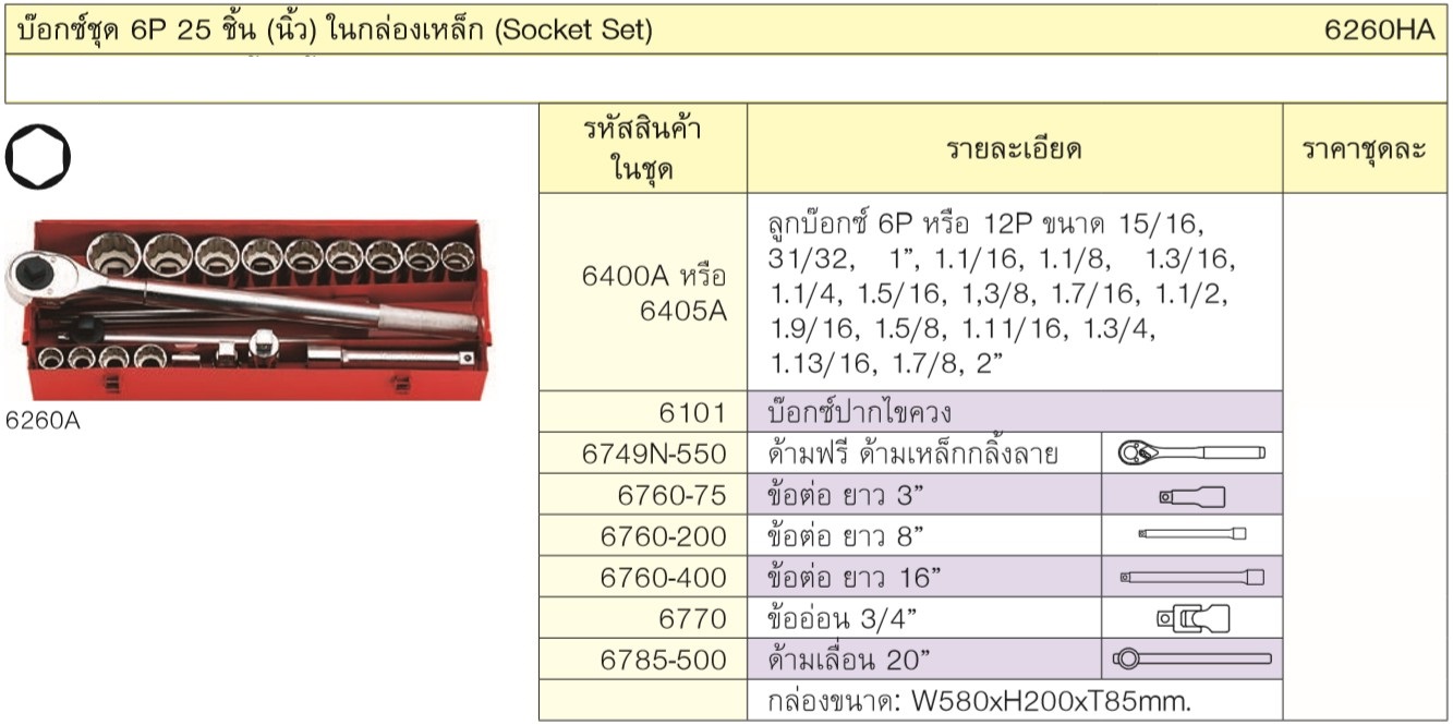 KOKEN 6260HA บ๊อกชุด 3/4นิ้ว-6P-25 ชิ้น (นิ้ว) ในกล่องเหล็ก