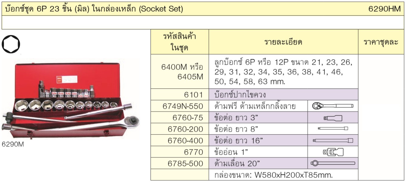 KOKEN 6290HM บ๊อกชุด 3/4นิ้ว-6P-23 ชิ้น (มิล) ในกล่องเหล็ก