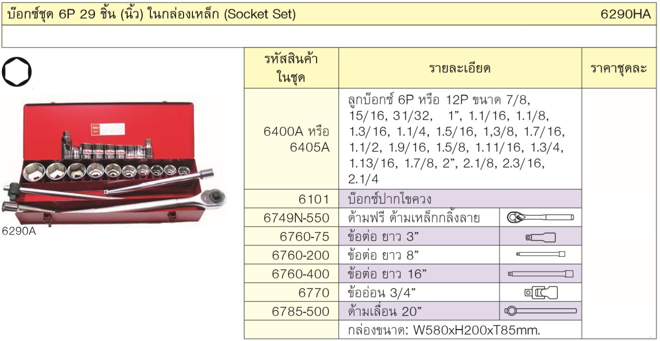 KOKEN 6290HA บ๊อกชุด 3/4นิ้ว-6P-29 ชิ้น (นิ้ว) ในกล่องเหล็ก