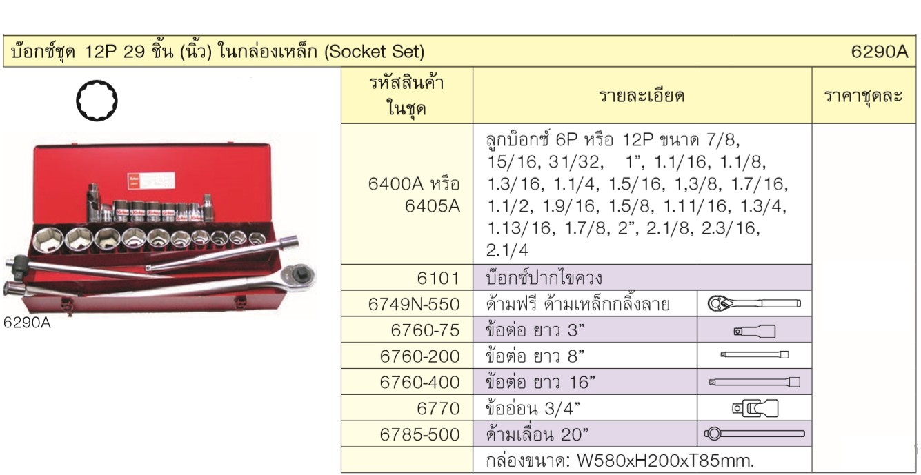 KOKEN 6290A บ๊อกชุด 3/4นิ้ว-12P-29 ชิ้น (นิ้ว) ในกล่องเหล็ก