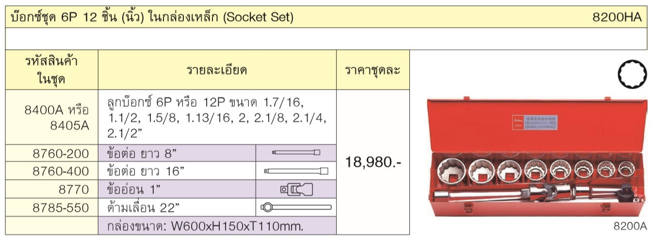 KOKEN 8200HA บ๊อกชุด 1นิ้ว-6P-12 ชิ้น (นิ้ว) ในกล่องเหล็ก