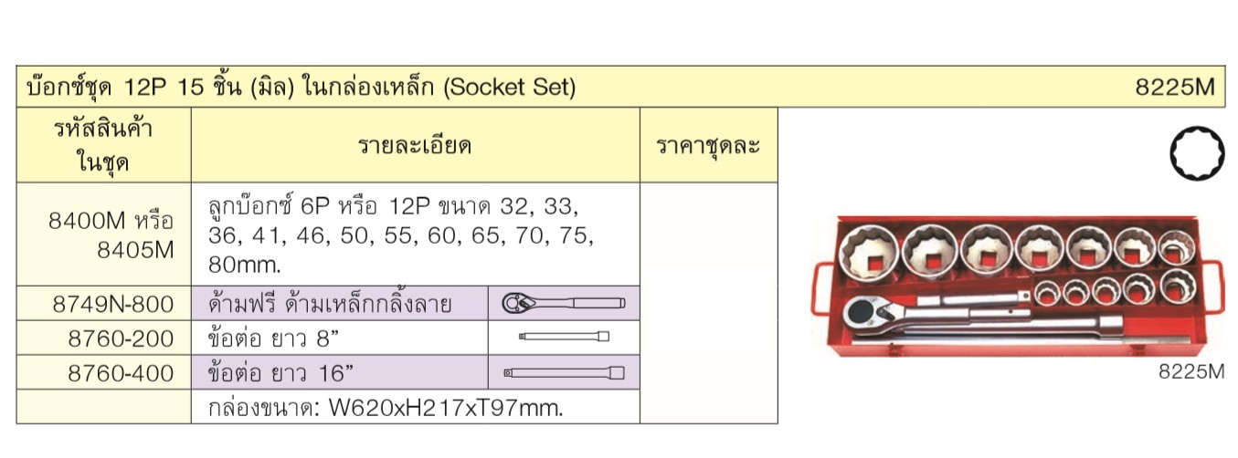 KOKEN 8225M บ๊อกชุด 1นิ้ว-12P-15 ชิ้น (มิล) ในกล่องเหล็ก
