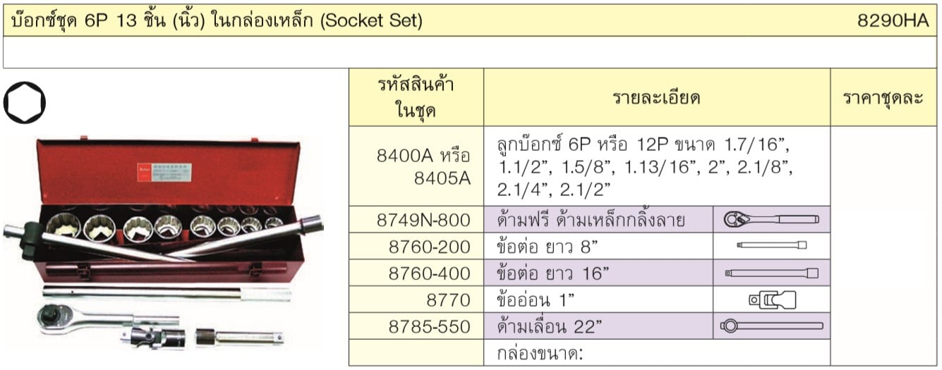 KOKEN 8290HA บ๊อกชุด 1นิ้ว-6P-13 ชิ้น (นิ้ว) ในกล่องเหล็ก