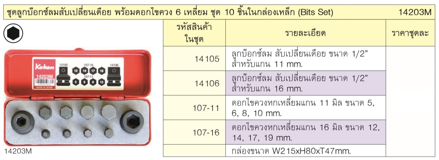 KOKEN 14203M ชุดลูกบ๊อกลมสับเปลี่ยนเดือย พร้อมดอกไขควง ชุด 10ชิ้น ในกล่องเหล็ก