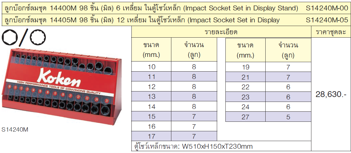 KOKEN S14240M-00 บ๊อกลมชุด 1/2นิ้ว-6P-98 ชิ้น (มิล) ในตู้โชว์เหล็ก