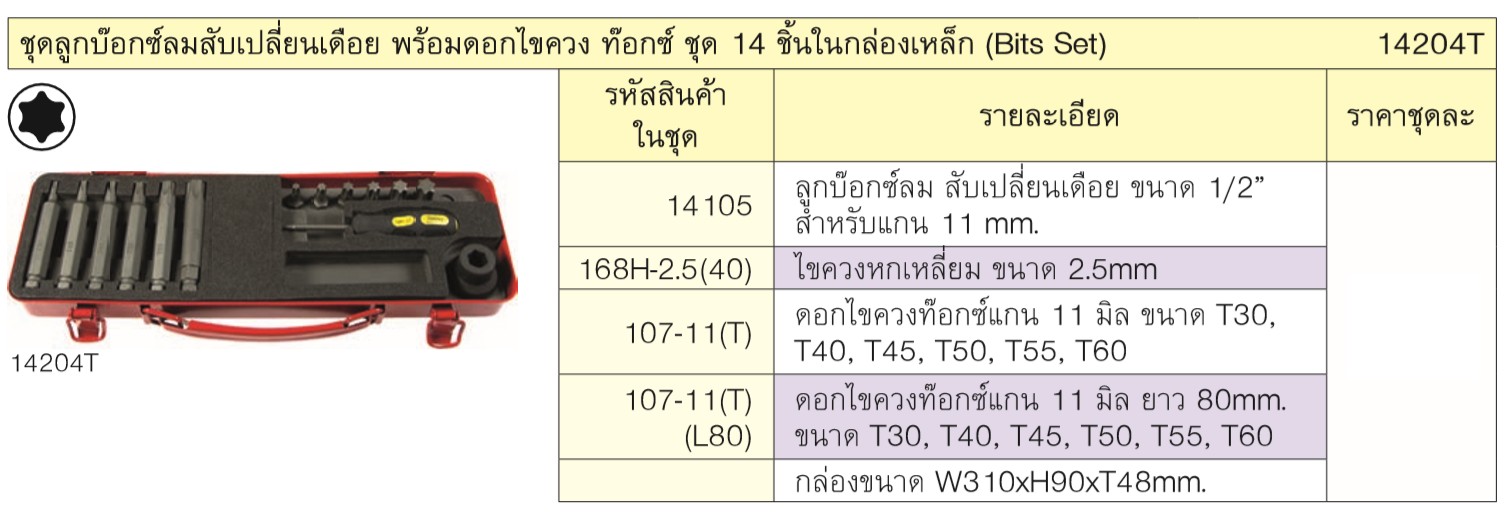 KOKEN 14204T ชุดลูกบ๊อกลมสับเปลี่ยนเดือย+ดอกไขควงหกเหลี่ยม ชุด 14 ชิ้น ในกล่องเหล็ก
