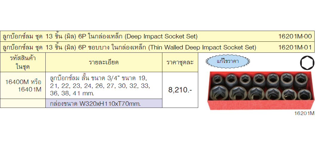 KOKEN 16201M-00 บ๊อกชุดลมมิล 3/4นิ้ว-6P-13 ตัวชุด ในกล่องเหล็ก