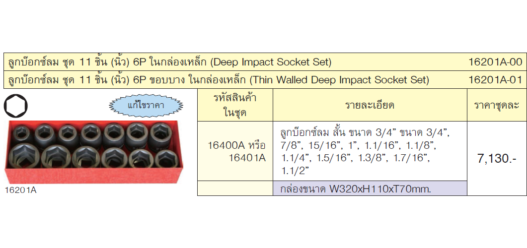 KOKEN 16201A-00 บ๊อกชุดลม 3/4นิ้ว-6P-11 ตัวชุด (นิ้ว) ในกล่องเหล็ก