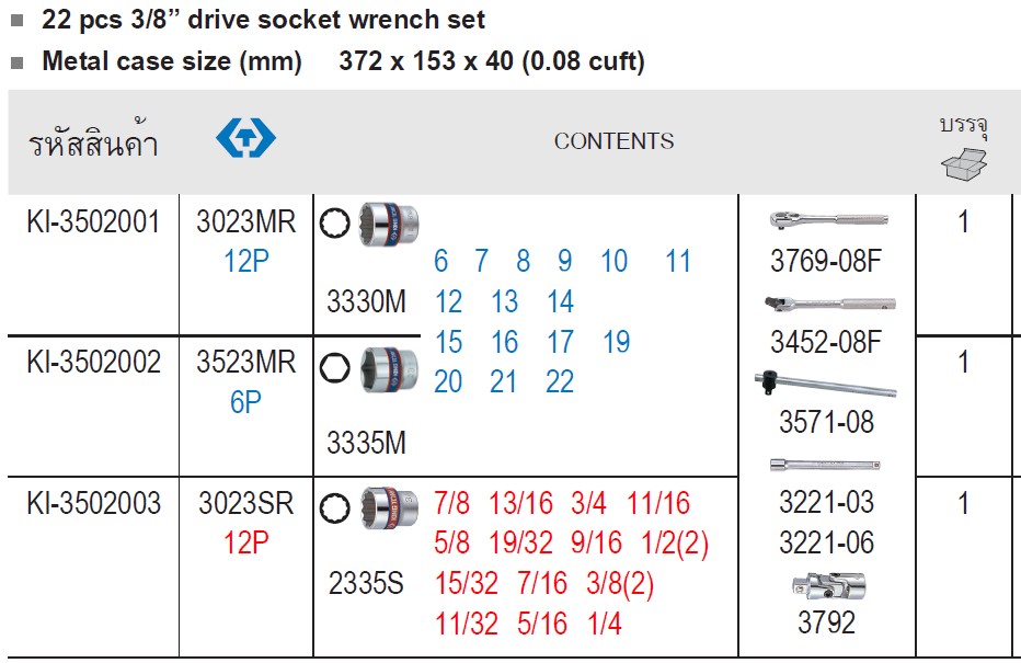 SKI - สกี จำหน่ายสินค้าหลากหลาย และคุณภาพดี | KINGTONY 3523MR บ๊อกชุด รู 3/8-6P-22 ตัวชุด (6-22mm.)