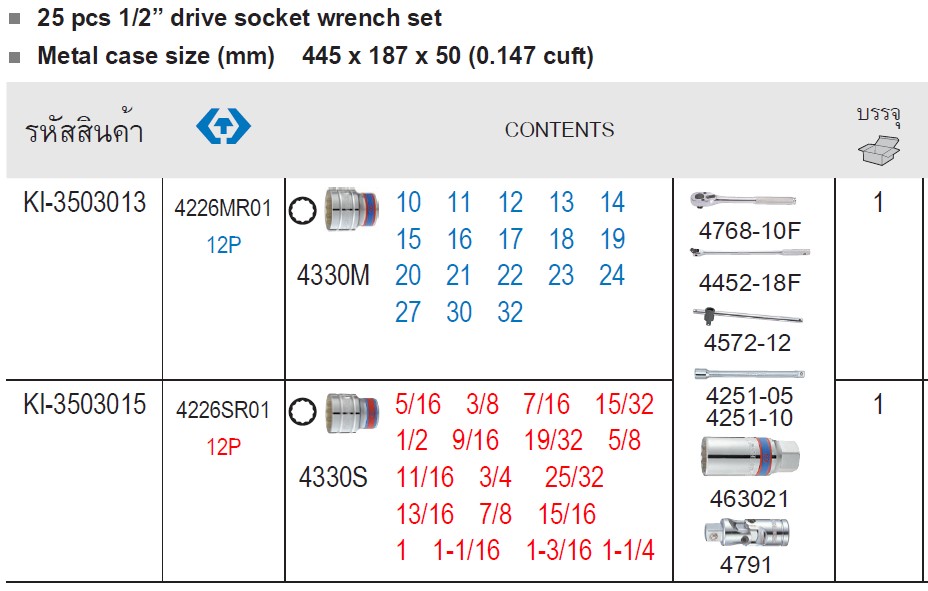 SKI - สกี จำหน่ายสินค้าหลากหลาย และคุณภาพดี | KINGTONY 4226SR01 บ๊อกชุด รู 1/2นิ้ว-6P-25 ตัวชุด