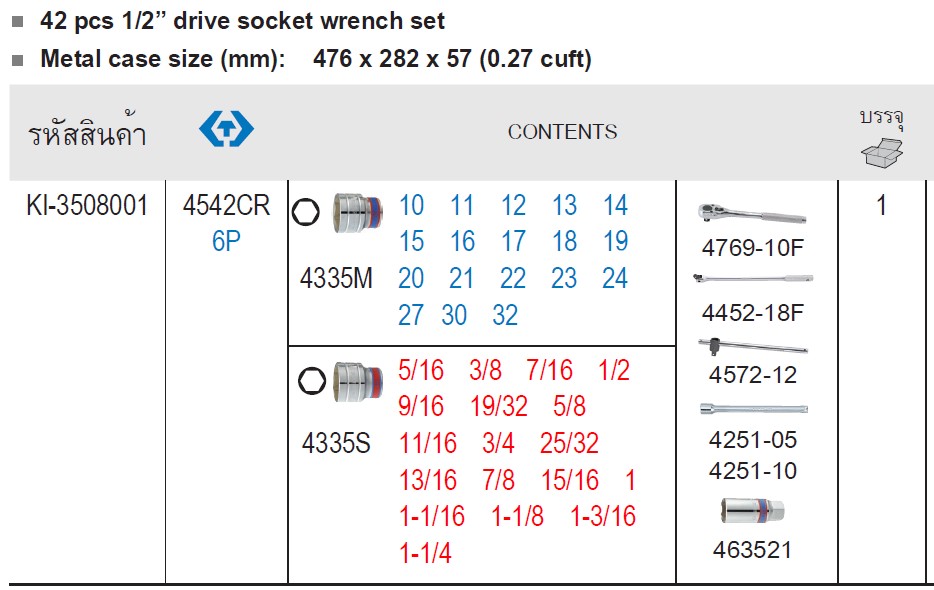 SKI - สกี จำหน่ายสินค้าหลากหลาย และคุณภาพดี | KINGTONY 4542CR บ๊อกชุด 2 ระบบ รู 1/2-6P-42 ตัวชุด มิล+หุน