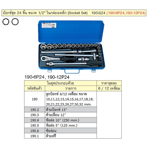 UNIOR 190-12P24 บ๊อกชุด 1/2นิ้ว-12P-24 ชิ้น #10-32 ในกล่องเหล็ก (190-S24)