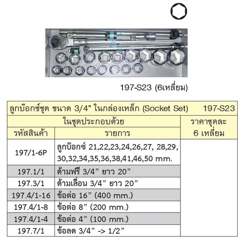 SKI - สกี จำหน่ายสินค้าหลากหลาย และคุณภาพดี | UNIOR 197-S23 บ๊อกชุด 3/4นิ้ว-6P-23 ชิ้น #21-50 ในกล่องเหล็ก
