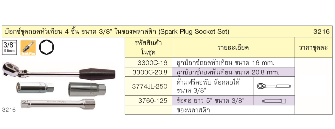 KOKEN 3216 บ๊อกชุดถอดหัวเทียน 4 ชิ้น 3/8นิ้ว ในซองพลาสติก