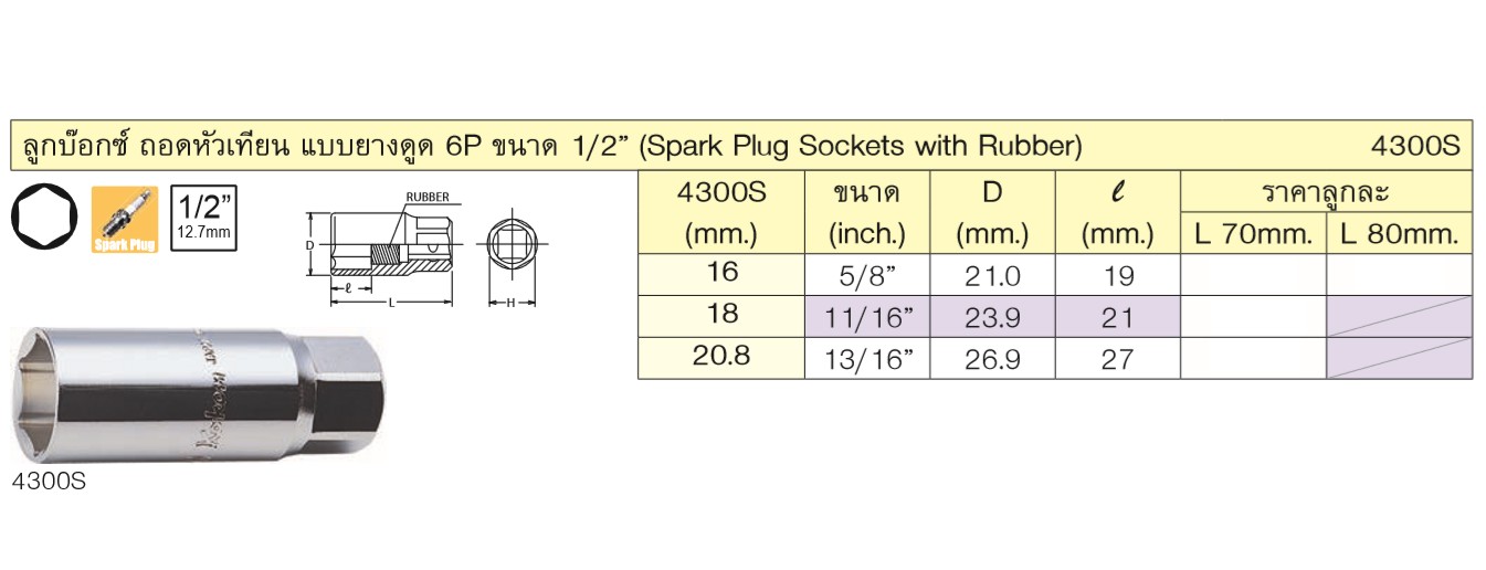 KOKEN 4300S-70-20.8 ลูกบ๊อกถอดหัวเทียน ยางดูด 1/2นิ้ว-6P-70-20.8mm. 