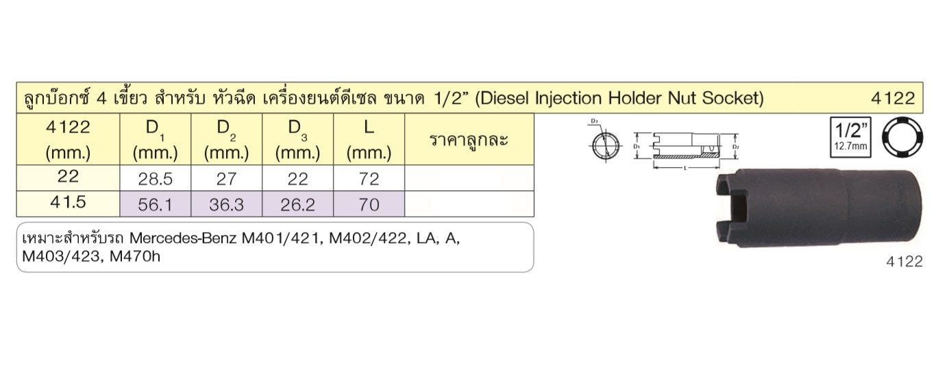 KOKEN 4122-22 บ๊อกสี่เขี้ยว สำหรับหัวฉีดเครื่องยนต์ดีเซล 1/2นิ้ว-22mm.