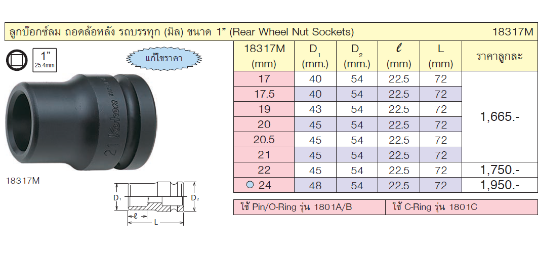 KOKEN 18317M-21 ลูกบ๊อกลม ถอดล้อหลัง รถบรรทุก 1นิ้ว-4P-21mm